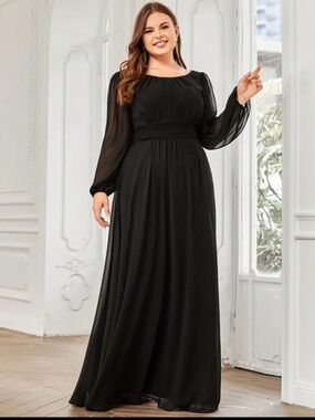 NWT Elegant Black Long Sleeve Chiffon Maxi Occasion Dress - Plus Size
